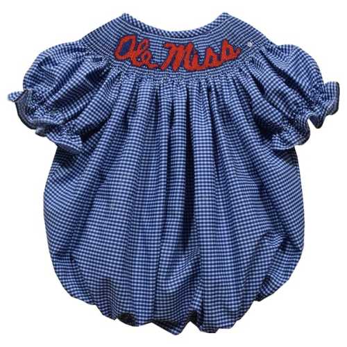 Girls Infant Vive La Fete Navy Ole Miss Rebels Gingham Smocked Bishop Bubble Dress