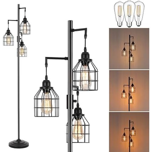 9MMML Floor Lamp for Living Room, Farmhouse Industrial Dimmable Floor lamp,3 Lights Metal Cage Tree Standing Lamp,68", 3Pcs Led Bulbs Included
