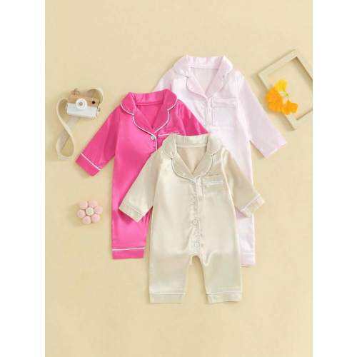 Infant Baby Girl Boy Pajamas Jumpsuit Long Sleeve Button Down Satin Silk Pjs Sleepwear | SHEIN USA