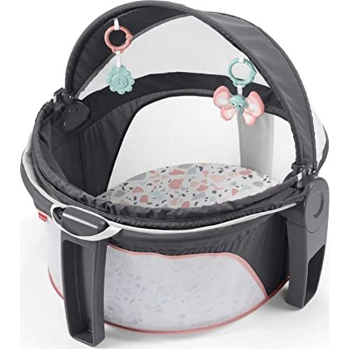 Fisher-Price Portable Bassinet On-The-Go Baby Dome, Travel Play Space with Developmental Newborn Toys & Canopy, Pink Pacific Pebble