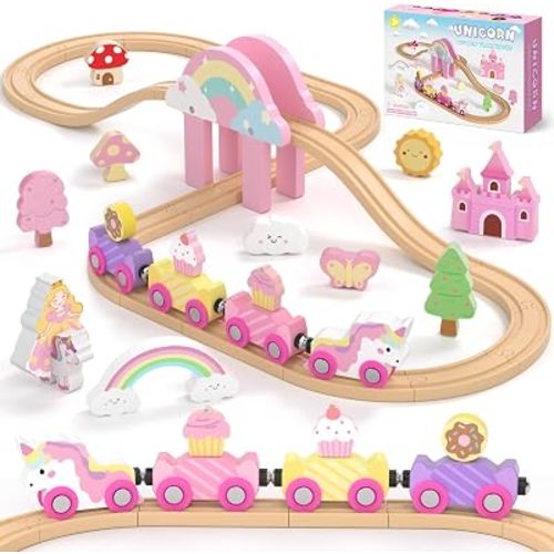 Wooden Train Set Toddler Toys - Unicorn Birthday Gifts for Girls Ages 2-4