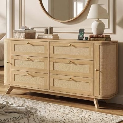 6 Drawer Dresser for Bedroom, 55" Wide Rattan Dressers & Chest of Drawers