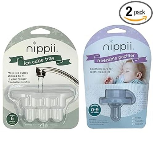 Nippii Freezable Pacifier & Ice Cube Tray, Baby Teether Toys 0-9 Months | Hands-Free, Medical-Grade Silicone, Water-Fillable, Cold. Includes Ice Cube Tray. Made in USA, CPSC Compliant, BPA Free