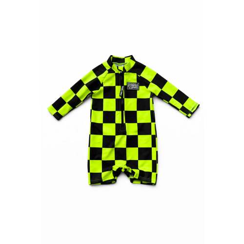 UPF50+ Boys Swim Romper in Neon Electric Lime + Black Checkered