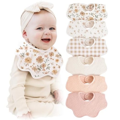 Konssy 6-Pack Muslin Baby Bandana Bibs, Drool Bibs for Girls & Boys