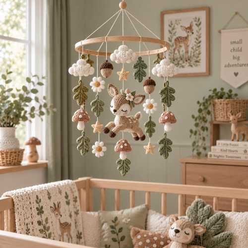 Crochet Deer Baby Mobile, Woodland Crib Mobile, Fawn Nursery Decor, Mushroom Acorn Forest Mobile, Baby Shower Gift