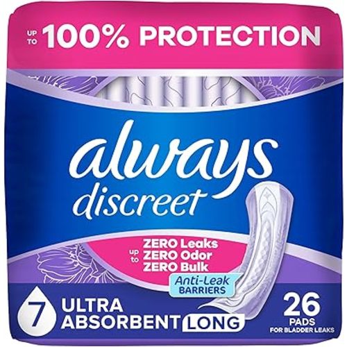 Always Discreet Adult Incontinence Pads for Women, Ultra Absorbency, Long Length, Postpartum Pads, Up to 100% Bladder Leak Protection, 26 Count