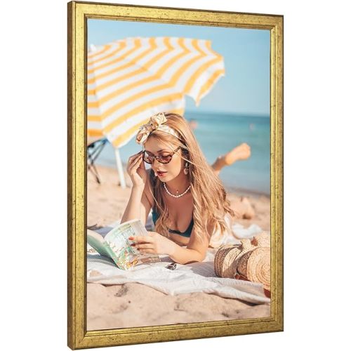 Wood 22x30 Frame Gold, Ornate Natural 30x22in Poster Picture Frame, Modern Golden 22 x 30inch Gallery Wall Photo Frame with HD Plexiglass, Horizontal Vertical Wall Mounting Display 1pcs