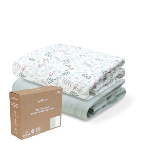 Organic Cotton Pack & Play Sheets - 2pk Mini Crib Sheets Girl Boy, Sage | 100% Organic Cotton Jersey, Pack & Play Crib 39” x 27”, Fitted Elastic Edge, Oeko-Tex, Woodland Botanical/Solid Pale Sage