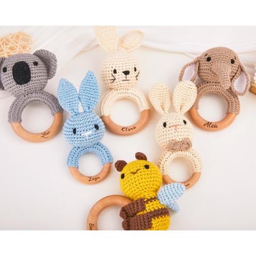 Animal Rattle with Babies Name, Custom Baby Shower Gift, Animal Crochet Baby Rattle, Custom Wooden Baby Rattle, Newborn Gift,Gift for Nephew
