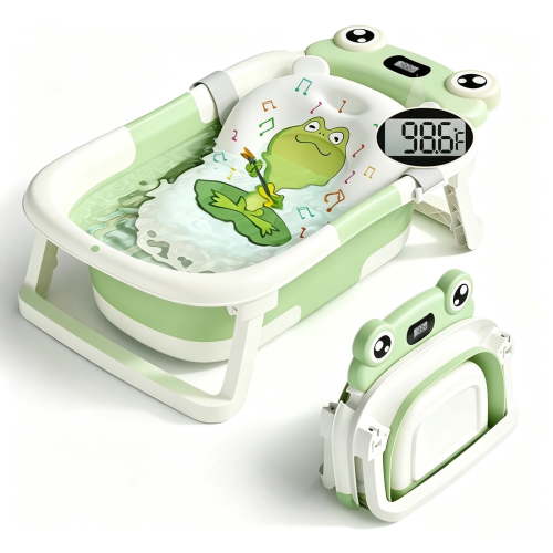 stusgo Collapsible Baby Bathtub, Plastic Frog Baby Bath Tub with Soft Cushion & Thermometer(Green)