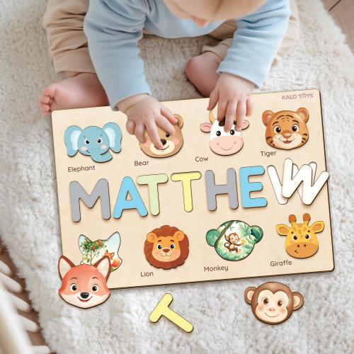 Personalized Name Puzzle for Toddlers 1-3 - Custom Wooden Baby Gift with Animals & Storytelling - Educational Toy for Early Learning NP53