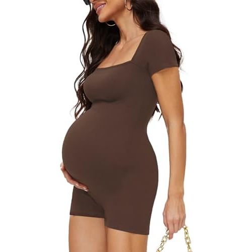 Maternity Romper with Square Neck and Short Sleeve Bodysuit, Photoshoot Casual Workout Maternity-Clothes