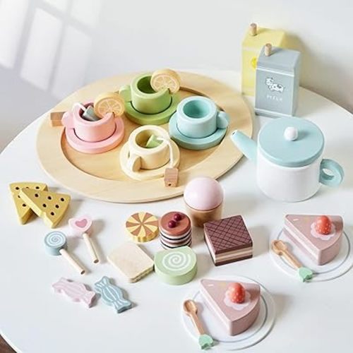 Wooden Tea Party Set for Little Girls, 34 PCS Wooden Tea Set for Toddlers 3-5, Pretend Play Kids Wood Tea Set Toy, Play Kitchen Accessories with Play Food, Improve Imagination