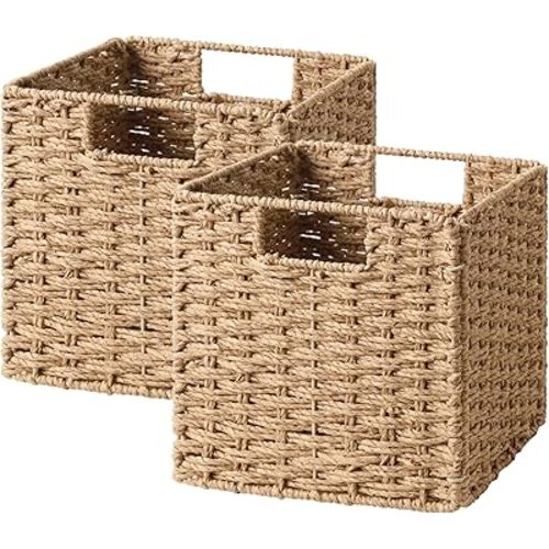 StorageWorks 9 inch Wicker Storage Cubes, Handwoven Wicker Baskets for Storage, Square Cube Organizer Bins, Foldable Paper Rope Basket for Organizing, Natural, 2 Pack