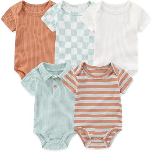 MAMIMAKA Newborn Baby Short Sleeve Bodysuits 5 Pack Cotton One-Piece Baby Boy Clothes Teal, 0-3 Months