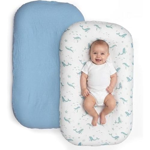 100% Muslin Cotton Baby Lounger Cover, Fits Most Infant Lounger- Blue Whale