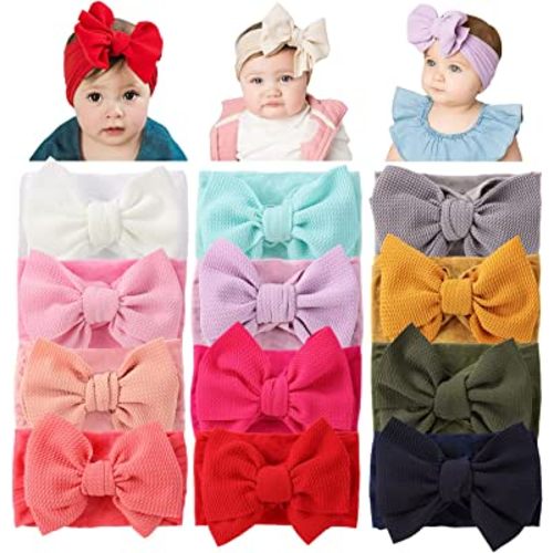 Cinaci 12 Pack Oversized Colorful Solid Stretchy Nylon Headbands with Big Bow Large Knot Hair Bows Soft Elastic Hair Bands Hair Accessories Wide Headwraps for Newborn Baby Girls Infants Toddlers Kids