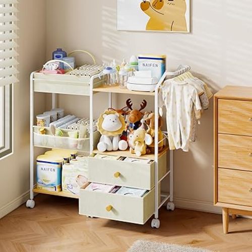 BBLIKE Diaper Caddy Organizer with Hanging Rack - 3 Tier Rolling Baby Storage Cart with Drawers and Side Pockets for Newborn Diaper Organization for Nursery, Crib, Bedroom, Changing Table, Beige
