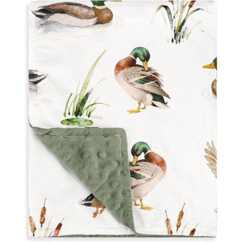 Green Baby Blanket for Boys Girls, Mallard Duck Minky Toddler Blanket