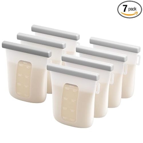 Nuliie 7 Pcs Silicone Breastmilk Storage Bags Reusable, 8oz/240ml Double Leak-Proof Breastmilk Freezer Bags, BPA Free Self-Standing Milk Bags for Breastfeeding, Baby Food Pouches