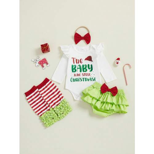Baby Girl Christmas Outfit Ruffle Romper Green Tutu Bloomer Shorts Leg Warmer Bummies Bow Set Newborn Holiday Clothes