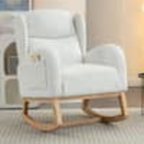 Seafuloy 38 in. Ivory Teddy Fabric Rocking Chair with Wood Legs, Modern Tufted Back for Living Room and Bedroom LAF-YY-Ivory