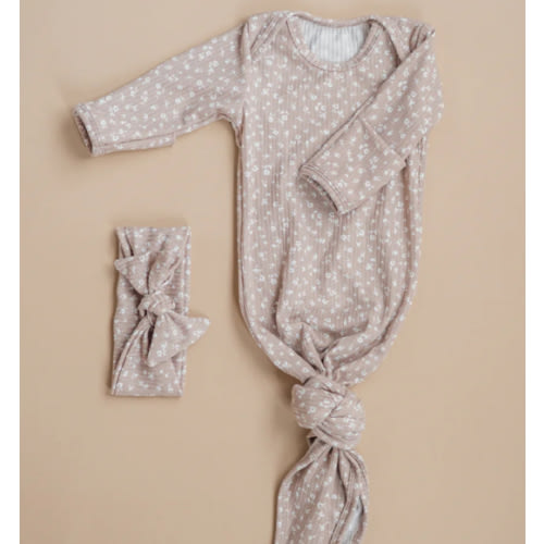 Knotbaby Sleeper and Bow Set- Taupe Floral, Newborn