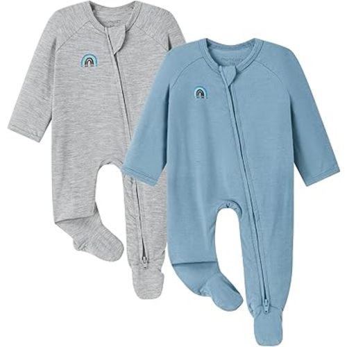 Momcozy Unisex Baby Pajamas, Baby-Temp Monitoring Double Zipper Boy Girl Sleepers Rompers Footie, 2 Pack Light Weight Stretchy Viscose Derived from Bamboo Baby Jammies, Newborn, Blue Grey