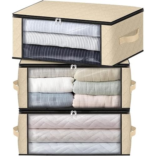 HomeHacks Storage 3-Pack Clothes Organizer Storage Bags Foldable Storage Box with Large Clear Window Sturdy Handles for Closet, Dorm, Pillows, Bedding, Clothes, Blankets, 35L, Beige