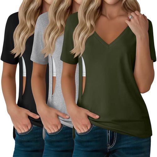 3 Pack Women's Nursing Tops, Hidden Zipper Nursing Shirts for Breastfeeding & Pumping V Neck Short Sleeve