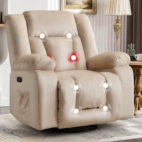 Korser Rocker Recliner Chairs for Adults, Swivel Rocking Chair with Heat and Massage, Modern Electric Recliner with Extra Wide, Waffle Fabric Massage Chair Recliner for Living Room, Bedroom
