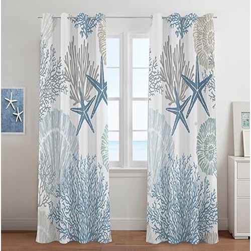 Tritard Coastal Window Curtains Grommet Drapes Nautical Beach Themed Thermal Insulating 50% Light Blocking Privacy Curtain for Living Room, Bedroom 2 Panels Set, 52x84 Inches