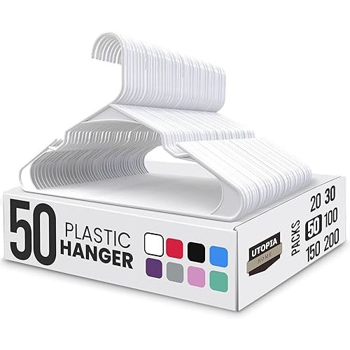 Utopia Home - Plastic Hangers 50 Pack - Space Saving Clothes Hanger - Durable and Strong Closet Organizers and Storage Makes It Ideal Stocking Stuffers or Apartment or Dorm Room Essentials (White)