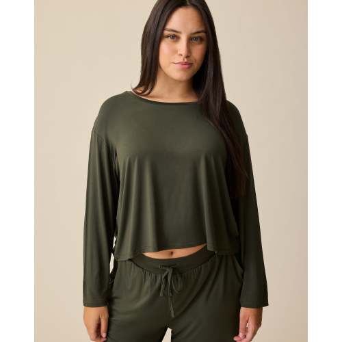 Aria Bamboo Casual Cropped Long Sleeve Top | White & Black Stripe - Kindred Bravely