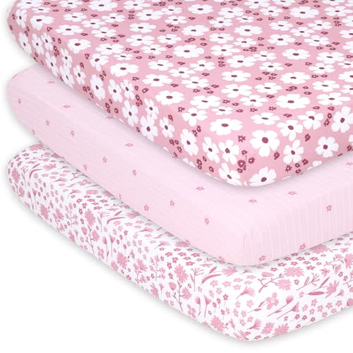 The Peanutshell 3-Pack Fitted Playard Sheets - Soft & Breathable Baby Girl Mini Crib Sheets, Pack N Play Mattress, Fits Standard Playard Pack Play Mattresses - Daisy