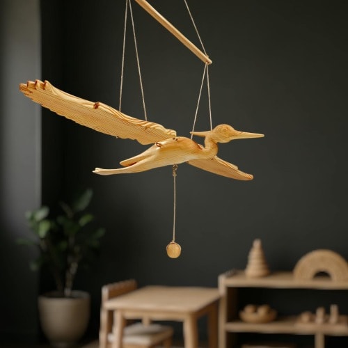 Montessori Wooden Heron Mobile 70cm Wingspan – Handmade Bird Decor in Pine Wood with Wax Oil Finish – Eco Natural Nursery Art