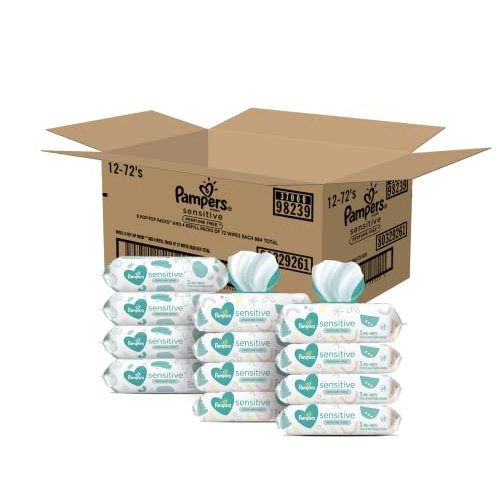 Baby Wipes, Pampers Sensitive Water Based Baby Diaper Wipes, Hypoallergenic and Unscented, 8 Pop-Top Packs with 4 Refill Packs for Dispenser Tub, 864 Total Wipes (Packaging May Vary)