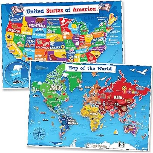 United States Map For Kids & World Maps For Kids 2pc Set - 24” x 16” Waterproof Classroom Posters - Childs World Map - Teacher Classroom Must Haves Homeschool Teacher School Supplies