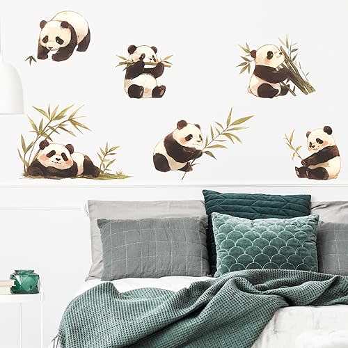 Cute Baby Pandas Eating Bamboo Wall Stickers Nursery Animal Wall Decals for Kid Removable Peel and Stick Wall Art Home Decor Decoration for Classroom Preschool Living Room Bedroom Bathroom