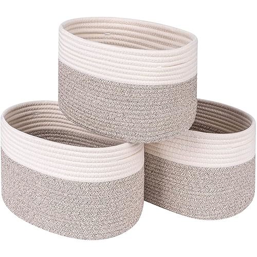 CubesLand Cube Shelf Closet Storage Basket Set of 3 - Woven Bins for Organizing, Soft Cotton Rope Skin-Friendly Toy Basket, Stylish Decor - Off White/Light Brown