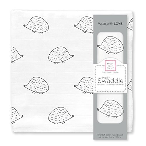 SwaddleDesigns Cotton Muslin Swaddle Blanket, Receiving Blanket for Boys & Girls, Best Shower Gift, 46x46 inches, Black Hedgehog
