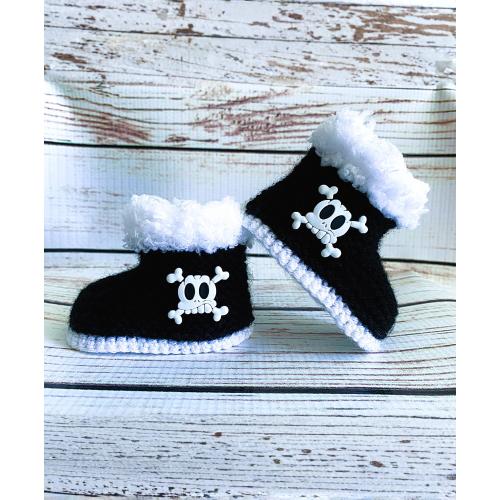Hand Knitted Baby Booties, Halloween Boy Girl Goth Skull Boots, Gothic Punk Slippers, Emo Demon Clothes, Handmade Shower Gift Newborn-12M