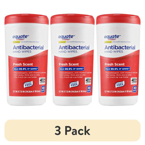 (3 pack) Equate Antibacterial Hand Wipes, Fresh Scent, 40 Wipes, Compare to Wet Ones® Antibacterial Hand Wipes