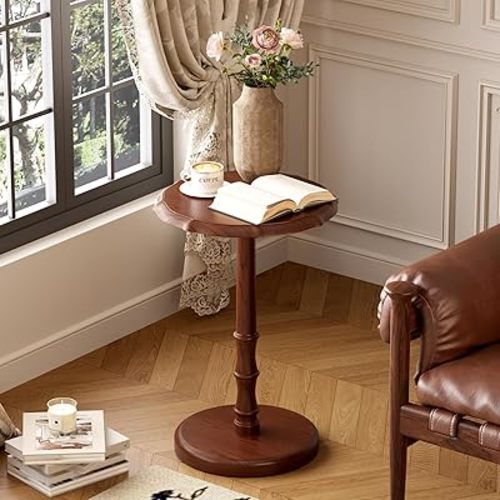 100% Solid Wood Round Pedestal Side Table, Vintage End Table for Living Room Bedroom, Heavy-Duty Antique Accent Table for Corner Spaces, Small Bedside Nightstand, 5-Min Assembly, Walnut