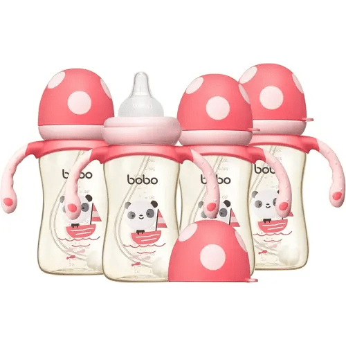 YOHKOH Natural PPSU Baby Bottle with Natural Response Nipple, Newborn Anti-Colic Baby Bottles with Handle, Wide Neck Mushroom Cap Baby Bottle (8.8oz (Pack of 4), Red)