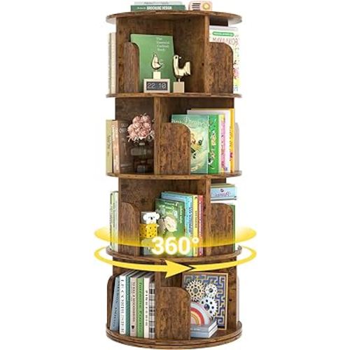 Rotating Bookshelf, Corner Bookshelf, 360 Display Wood Spinning Bookcase Storage Rack, Floor Standing Revolving Bookcase Narrow Book Shelf Organizer for Small Space, Bedroom, Rustic Brown