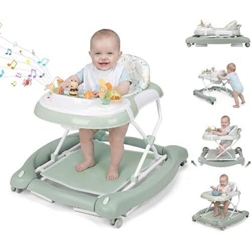 5 in 1 Baby Walker, Music and Lights Foldable Baby Walker with Wheels, 3 Adjustable Heights, with Bouncer Combo, Rocker, Activity Walker for Baby Boy and Girl 6-18 Months (Green)