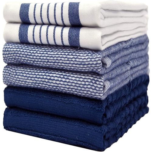 Premium Kitchen Towels (20”x 28”, 6 Pack) | Large Cotton Dish Towels | Flat & Terry Highly Absorbent Kitchen Linen Set with Hanging Loop | Navy Blue Striped