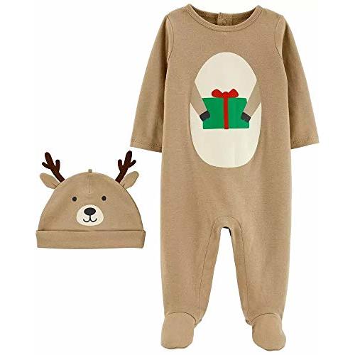 Carter's Baby 2-Piece Snowman and Reindeer Coverall & Hat Set for Christmas Brown